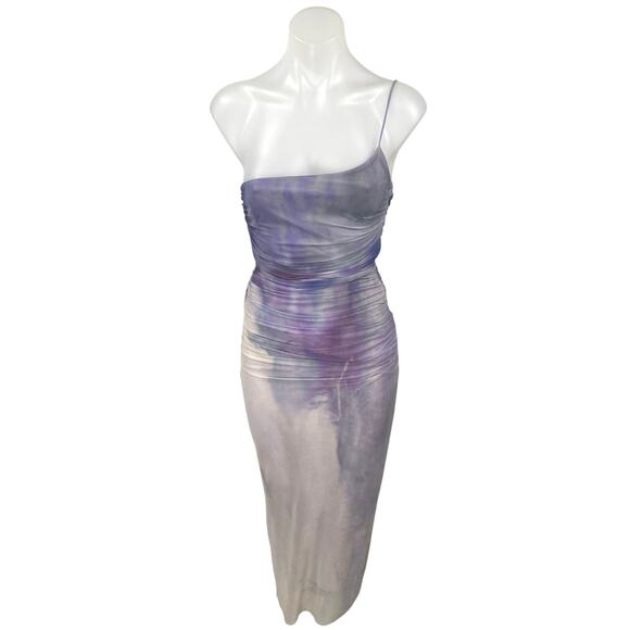 NEW Zara Purple Lilac Tie Dye One Shoulder Sleeveless Ruched Midi Slip Dress XS - Picture 1 of 6